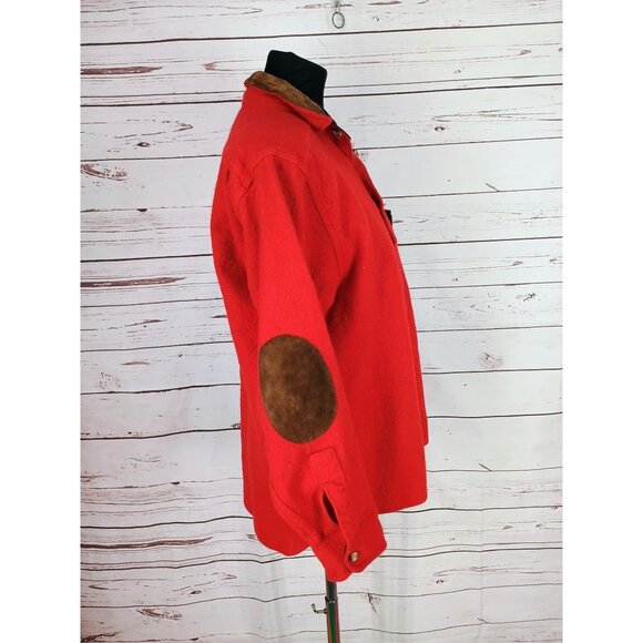 Vintage Woolrich Mens M Red Wool Leather Look Collar Elbow Patches Shirt Hunting - Picture 2 of 7